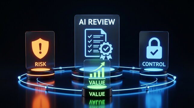 Artificial intelligence governance and risk management software interface displaying compliance checklist security control and business value analytics 