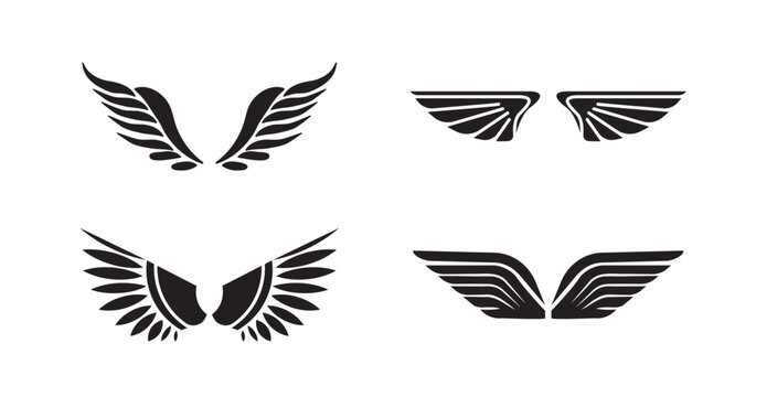 Set of abstract black wing symbols with geometric feather shapes and symmetrical decorative forms, vector illustration