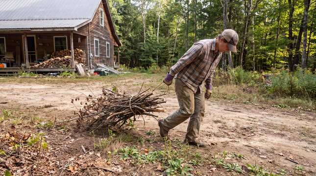 Worker carrying cut branches near a woodland cabin