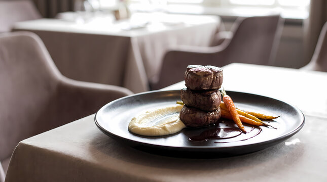 Gourmet stacked filet mignon medallions with silky puree and glazed baby carrots on black plate