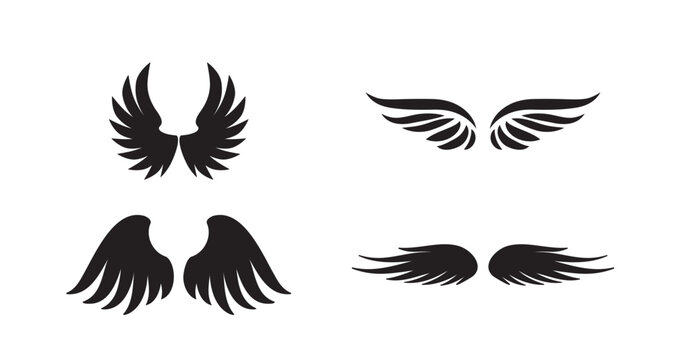 Set of four stylized black angel wing pairs in different shapes and positions, isolated on white background, vector illustration