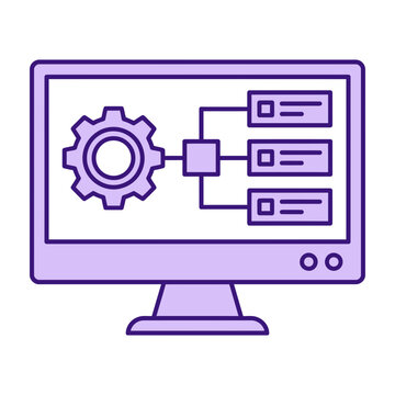 Purple computer monitor icon with settings gear and data list display