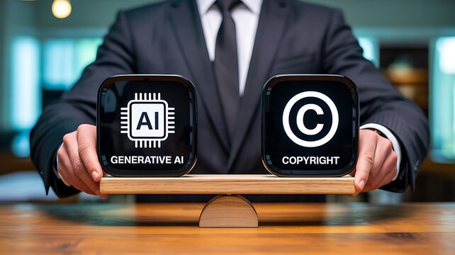 Generative artificial intelligence and copyright concept with professional holding digital symbols