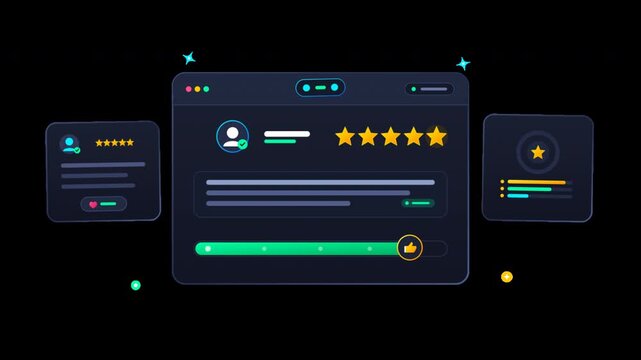Modern Vector UI Interface Showing Customer Feedback And Five Star Ratings Animation