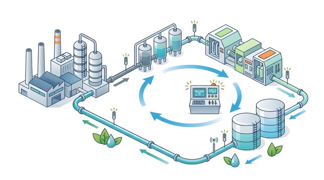 Isometric illustration of an industrial water treatment plant with circular filtration process flow