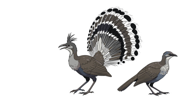 Exquisite grey peacock pheasant birds with magnificent fan tail plumage and crested head shown on white background.