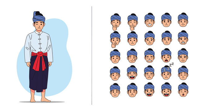 Traditional Burmese male character in national costume presenting various facial expressions and emotions on white background.