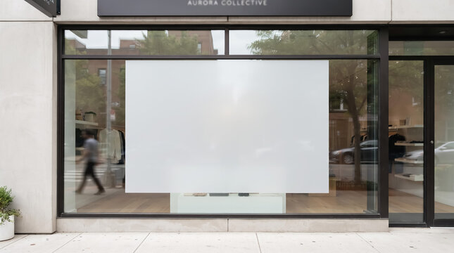 Blank white rectangular storefront window poster mockup featuring a clean modern glass design for retail advertising display placed on a city street front facade under bright natural daylight outdoor 