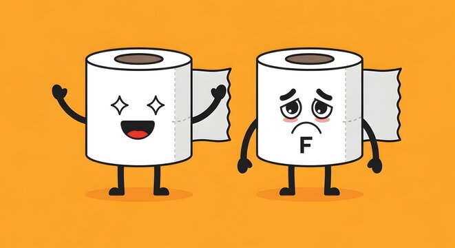 Cute cartoon toilet paper roll characters with happy and sad facial expressions for creative design projects and web