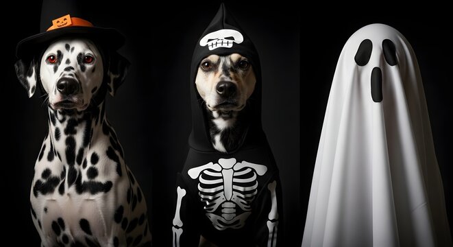 Three cute dogs dressed in funny halloween costumes including a ghost a skeleton and a witch hat