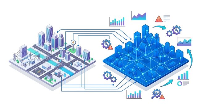Isometric digital twin of a city showing physical infrastructure connected to a virtual data model