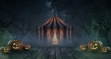 Halloween Night Background with Creepy Circus Tent, Starry Night Sky, Milky Way, Bare Trees, Flying Bats and Glowing Jack O Lantern Pumpkins on Wooden Path for Halloween Party Banner, Poster © ale studio 