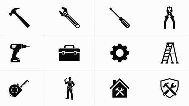 Collection of blackline icons with Set nine high contrast icons representing essential tools figures used construction repair work construction worker
