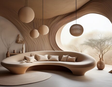 modern organic curved living room interior with beige sofa arched openings and sculptural pendant lights in wabi sabi style
