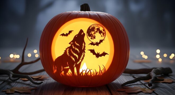 Spooky halloween jack o lantern pumpkin carving featuring a howling wolf under a full moon with flying bats