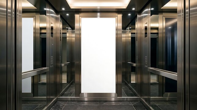 Modern elevator interior featuring a blank white advertising panel for mockups and commercial promotions