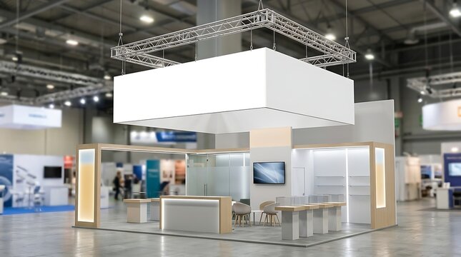 Modern trade show booth design with a large hanging banner and empty display counters inside a spacious exhibition hall
