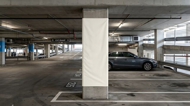 Blank vertical white banner mockup attached to a concrete pillar in a modern multi-level parking garage structure