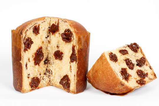 Sliced Brazilian chocolate filled panettone isolated on a white background.