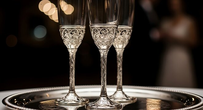 Three ornate crystal champagne flutes decorated with intricate silver patterns rest on a shimmering metal tray at a nighttime reception celebration where guests enjoy a joyous romantic marriage