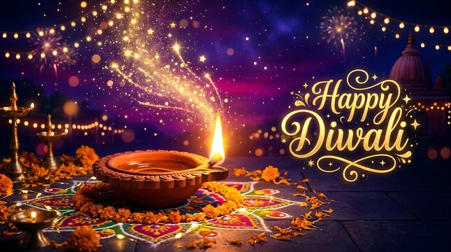 Beautiful festive background featuring a glowing oil lamp and elegant golden text for the celebration of diwali