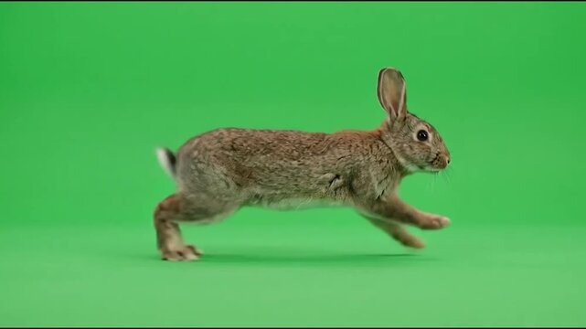 Brown Rabbit Running on Green Screen Background, Isolated Animal Footage