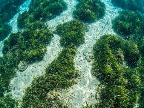 Green sea grass swaying on a sandy ocean floor in clear blue water with seagrass