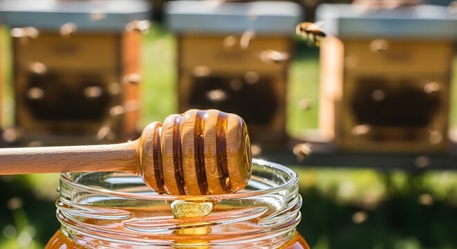 Natural Organic Honey Production With Wooden Dipper Resting On A Glass Jar Full Of Golden Liquid Nectar Featuring Active Flying Insects Returning To Wooden Beehives In A Sunny Rural Garden