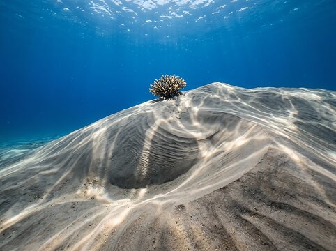 Small coral colony growing on a vast sandy seafloor under sunlight with seafloor