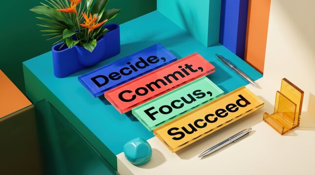 Motivational office desk with colorful signs and decorative elements