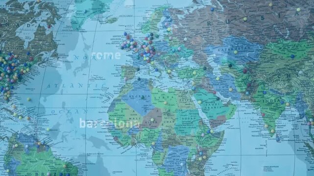 Animated world map with international travel destinations, city names, and flight routes