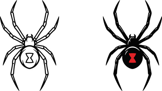 Black widow spider silhouette and line art illustration for pest control and halloween with vector illustration eight legs graphic element