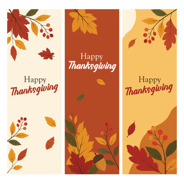 Set of Three Elegant Thanksgiving Greeting Card Posters with Autumn Leaves and Harvest Decorations