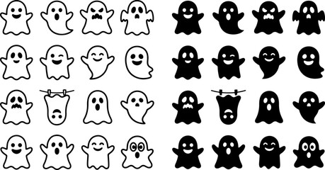 Obraz premium Collection of various cute ghost characters in outline and silhouette styles with cute ghosts halloween spirits ghost icons spooky figures