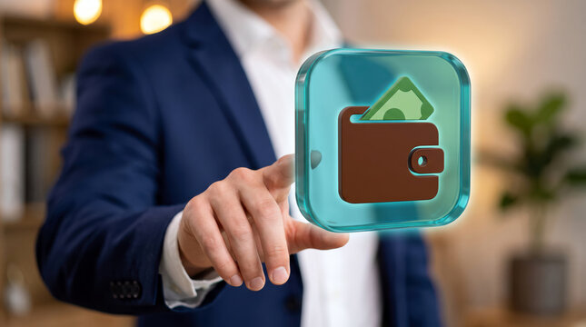 Payments from a wallet containing banknotes represent the use of cash for everyday purchases and the balance between personal income and expenses within a household budget