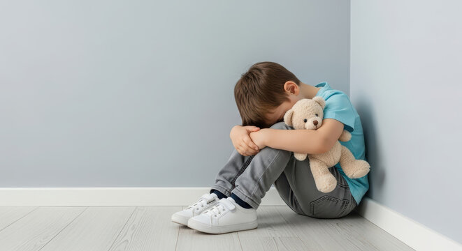 Sad little boy sitting on the floor in a corner of a room, hugging a teddy bear.