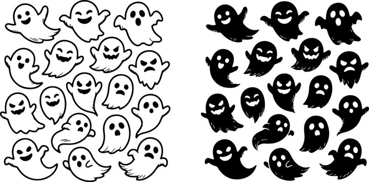 Collection of various cute and spooky ghost character illustrations in outline and silhouette with black and white halloween character