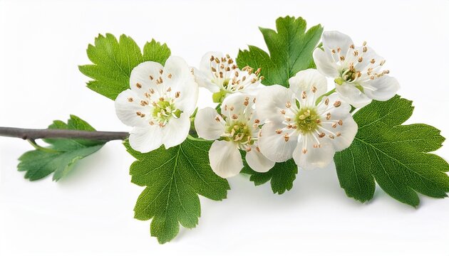 blossoming branch of hawthorn may tree with white flowers and green leaves isolated on white background close up selective focus