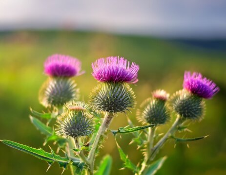 close up of purple thistle flowers on field milk thistle flower on a green background silybum shallow depth of field