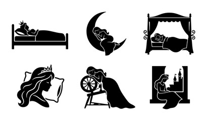Obraz premium Princess Silhouette Icons, Sleeping Beauty, Fairytale Dreams, Fantasy Characters, Vector Graphics