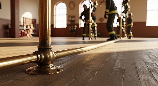 A brass sliding pole stands in a traditional fire station while brave rescue workers prepare for emergency calls by standing on the wooden floor during their daily shift inside the main garage