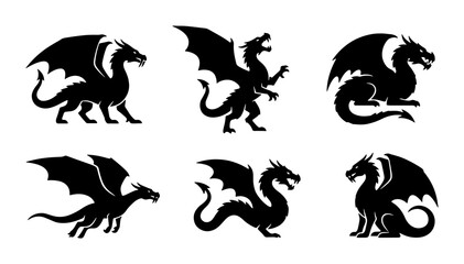 Obraz premium Mythical Dragon Silhouettes, Fantasy Creature Vector Icons, Medieval Legend Art, Dark Fantasy Graphics