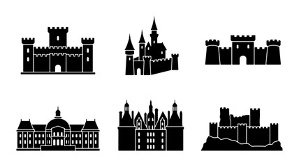 Obraz premium Medieval Castle Icons, Fortress Silhouettes, Royal Palace Vector Set, Fantasy Architecture Collection