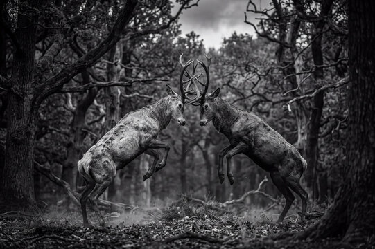 Duel intense et puissant entre deux cerfs m&acirc;les aux bois imposants au c&oelig;ur d'une for&ecirc;t sauvage immortalis&eacute; en noir et blanc.






