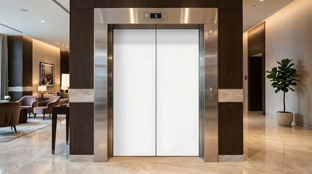 Modern hotel elevator lobby with closed white doors and luxurious interior design