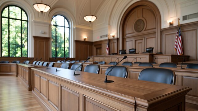 Courtroom interior with seating and podiums