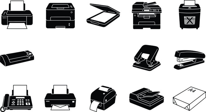 Collection of various modern and vintage printer styles in a detailed black and white illustration