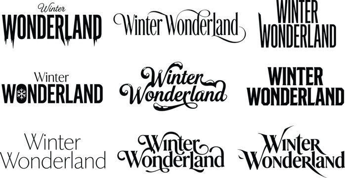 Winter Wonderland text overlays in gothic script and modern block vector typography bundle