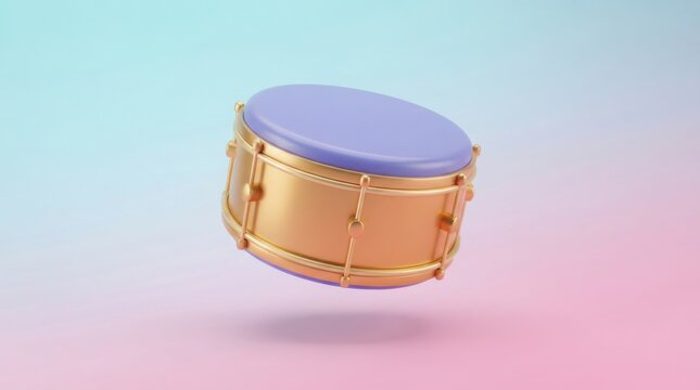 3D render of a stylized golden drum with a purple top against a soft pastel gradient background