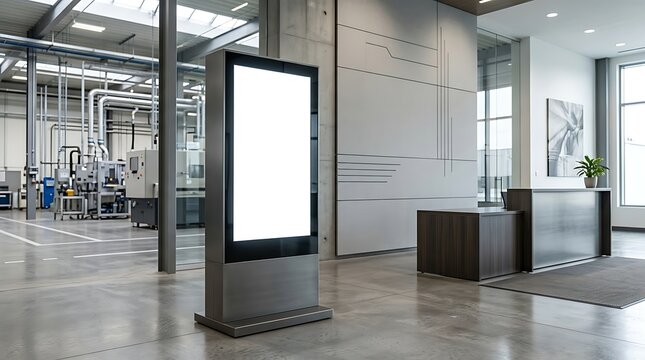Blank digital totem screen mockup in a modern industrial lobby with factory background